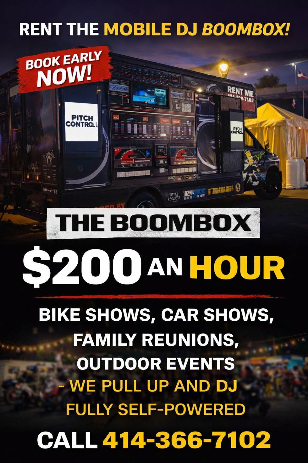 The Boombox mobile DJ truck flyer, $200 an hour