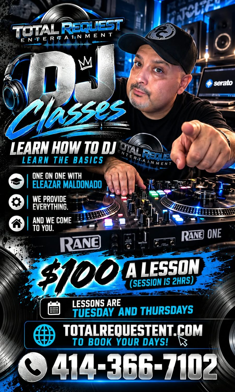 DJ Classes flyer: learn how to DJ one-on-one with Eleazar Maldonado, $100 a lesson (2 hours), Tuesdays and Thursdays