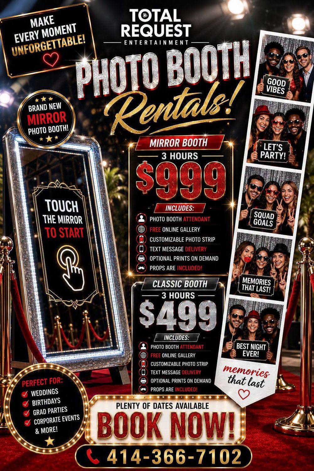Photo booth rentals flyer, mirror booth $999 and classic booth $499