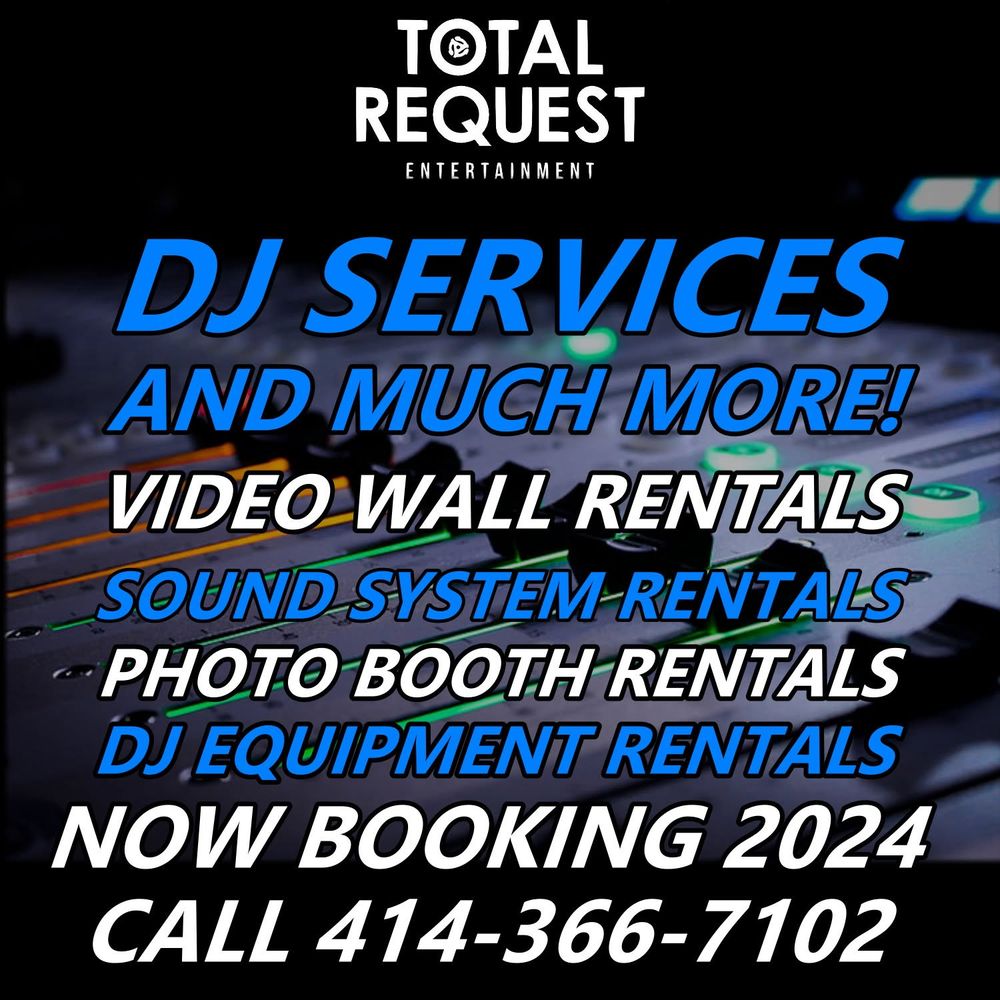 DJ services, video wall, sound system and photo booth rentals flyer
